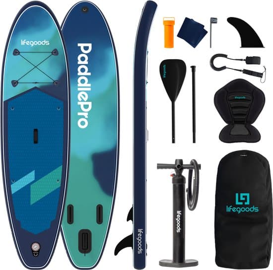 LifeGoods SUP Board Allround Compact - met Zitje - 100 KG Draagkracht - 300 x 76 cm - Opblaasbaar - Compleet SUP pakket - Blauw/Groen