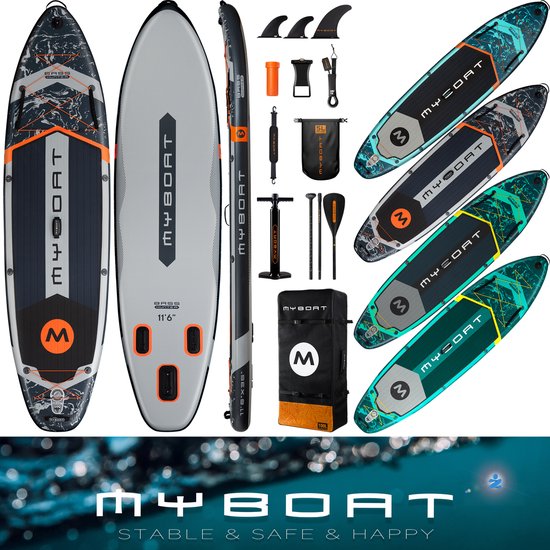 Ultra Licht & Stabiel Opblaasbaar Bass Hunter Peddel Boord (…voor 2 personen) van MyBoat | 350 cm Stand Up Sup Paddle Board voor samen Familie | Extra Breed | 3 Afneembare Vinnen, Dubbele Bungees, Camera Mount, pomp, Sterke Peddel, 168 Kg belastbaar