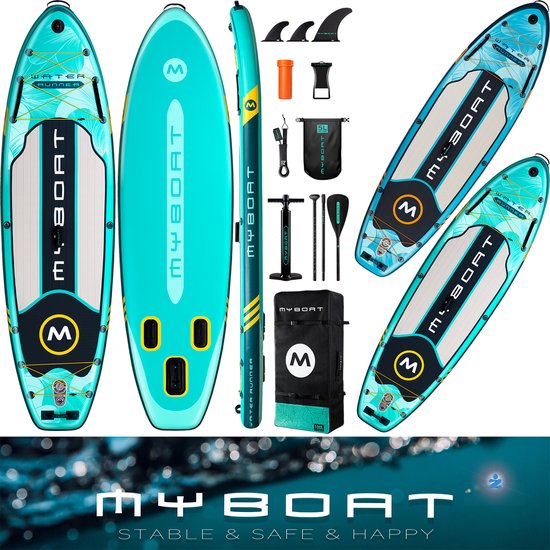 Ultra Licht & Stabiel Opblaasbaar Lake Green Wind Water Runner Peddel Boord (2/3 personen) van MyBoat | 320 cm Stand Up Sup Paddle Board voor samen Familie, Extra Breed, 3 Vinnen, Camera Mount, pomp, Sterke Verstelbare Peddel, 168 Kg STD belastbaar