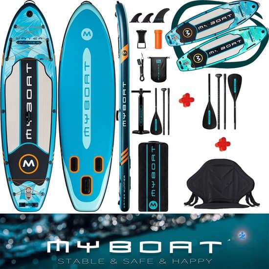 Luxe zeer complete set | Water Runner Kajak Peddel Boord | 320cm lang MyBoat SUP Board Set met compact sportief zitje en 4 delige peddel voor kano ervaring | 2 personen | Samen Stand Up peddelen | 168 Kg belastbaar gewicht | kajakken