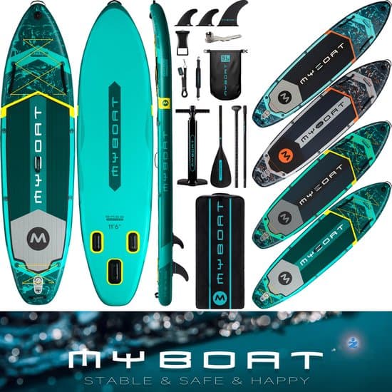 Ultra Licht & Stabiel Opblaasbaar Bass Hunter Peddel Boord (…voor 2 personen) van MyBoat | 350 cm XL Stand Up Sup Paddle Board voor samen Familie | Extra Breed | 3 Afneembare Vinnen, Camera Mount, pomp, Sterke Verstelbare Peddel, 168 Kg belastbaar