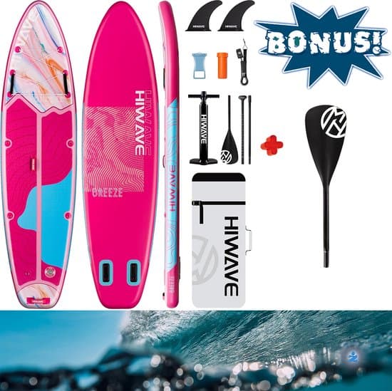 HiWave California Breeze Quicksand Pink Yoga SUP — 350cm Stand Up Paddle Board | Extra sterk Peddel blad | Extra Breed | Ultra Licht & Stabiel — Afneembare Vin, Camera Mount, Lucht Pomp, 195 Kg belastbaar, Familie, Volwassenen, Kinderen