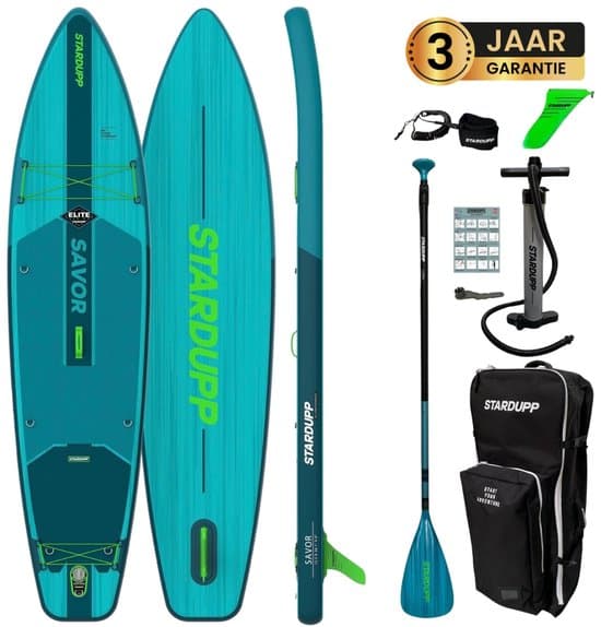 Stardupp Savor Elite SUP Board – Opblaasbaar – Extra Breed Touring Model – 370x86cm – Max. 170KG – Complete Set – Inclusief Pomp, Peddel & Trolley Rugzak - Teal