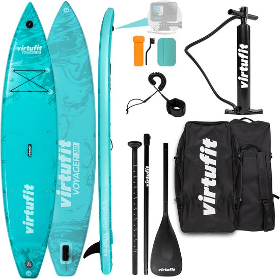 VirtuFit Voyager Opblaasbaar SUP Board 381 cm - Max. 180 kg - Stand Up Paddle Board voor Lange Afstanden - Extra Stabiliteit - Inclusief Accessoires en Draagtas - Turquoise