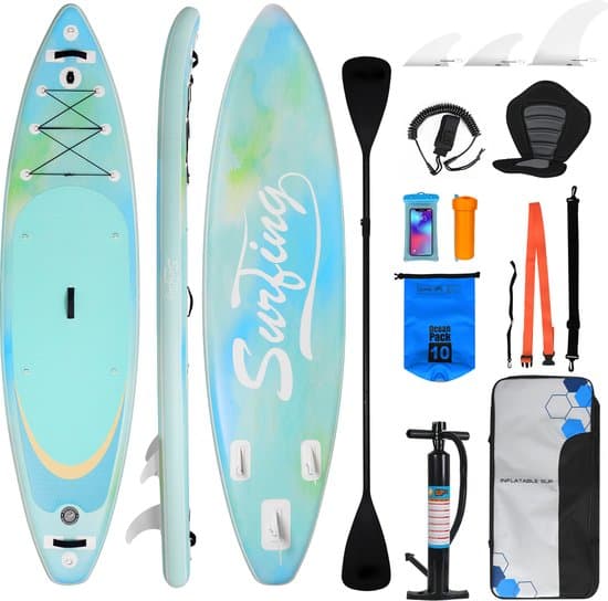 Puluomis Opblaasbaar Paddle Board - SUP Paddle Board - met Zitje - Complete Set - Max. 180KG - 335x84cm - blauwgroen