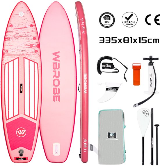 WaveRite Opblaasbaar Stand Up Paddleboard 335x81x15 cm Roze – Lichtgewicht SUP Board voor Race, Toer en Recreatie – Inclusief Pomp, Peddel, Vin en Rugzak – Max. 200 kg