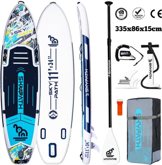 WaveRite Opblaasbaar SUP Board 335x86x15 cm – Ultra Licht & Stabiel Stand Up Paddle Board – Familie & Solo Gebruik – Draagvermogen 200 kg – Inclusief Peddel, Pomp, Vinnen, Leash en Rugzak – Blauw