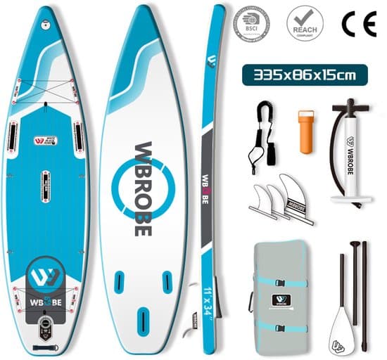 WaveRite Opblaasbaar SUP Board 335 cm – Stand Up Paddle Board voor 1-2 Personen, Allround Touring, Tot 200 kg, Lichtgewicht, Antislip, Inclusief Voetpomp – Blauw