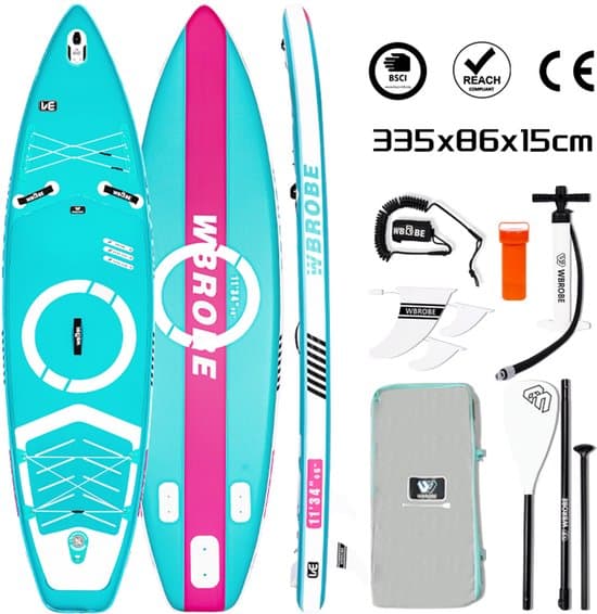 WaveRite Opblaasbare SUP 335 cm – Stand Up Paddleboard met Voetpedaal, Tot 200 kg, Ultra Licht, Touring Allround Paddleboard voor 1-2 Personen – Blauw
