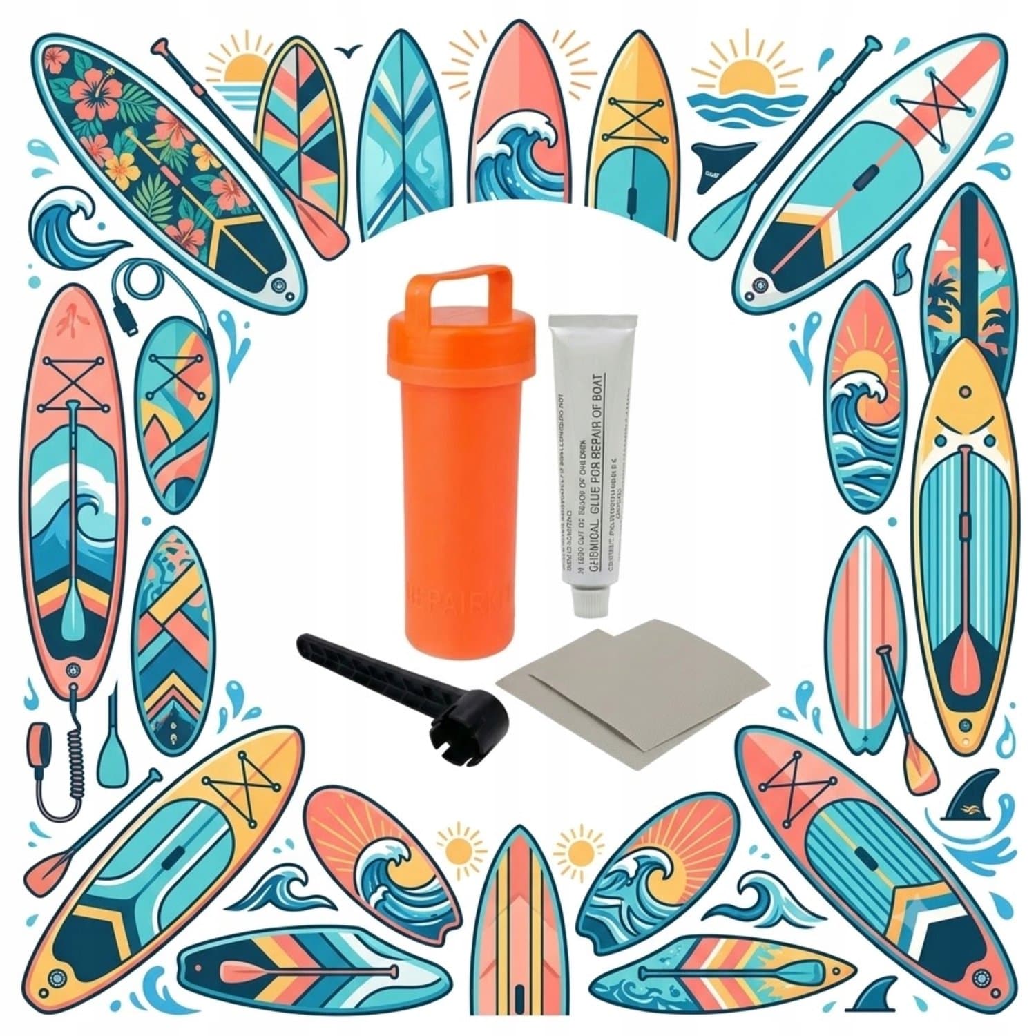 Reparatieset SUP: Patch, Lijm, Ventielsleutel & Koffer