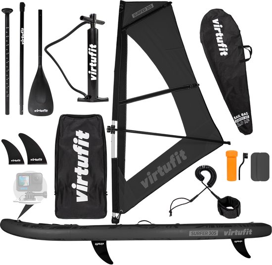 VirtuFit Surfer Opblaasbaar SUP Board 305 cm - Met Windsurf Zeil, Accessoires & Draagtas - Inclusief Mast, Vin en Reparatieset - Stand Up Paddle Board - Zwart