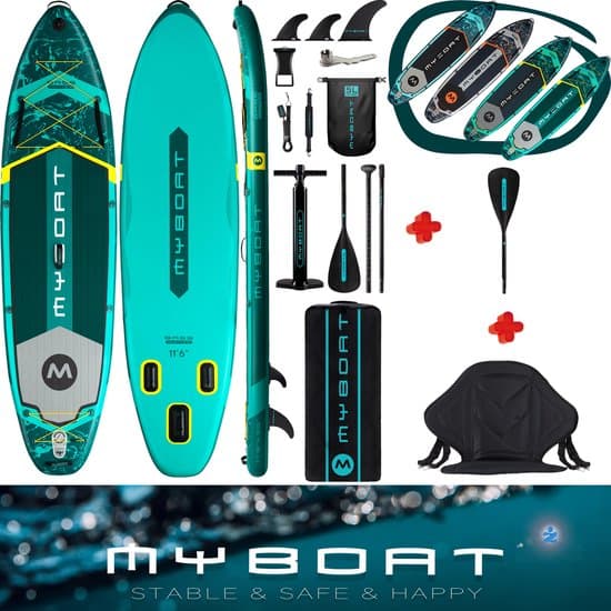 MyBoat Bass Hunter Kajak Peddel Boord | SUP Board Set met zitje plus 4 delige peddel voor kano ervaring compleet | 2 tot 3 personen, Familie | 168 Kg belastbaar Stand Up Paddle Board | Extra Breed 350cm lang Ultra Licht & Stabiel Opblaasbaar kajakken