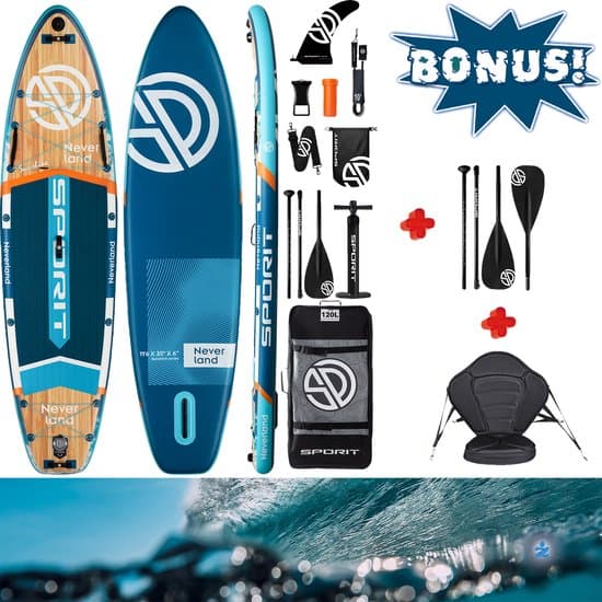 Luxe zeer complete SPORIT Touring Sup Set Never Land — Extra 5cm hoog stevig zitje | Vierdelige Peddel | Extra Breed | Visgerei beker houder | 350cm Stand Up Sup Paddle Board — Afneembare Vin, Camera Mount, Lucht Pomp, 195 Kg belastbaar, Familie