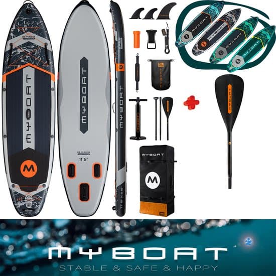 Ultra Licht & Stabiel MyBoat Bass Hunter Boord voor 2 personen | Extra Breed Opblaasbaar 350cm Stand Up Sup Paddle Board | Sterke enkelvoudige of dubbel peddel blad te koppelen kajak/kano paddel beide zijden paddelen | 3 Vinnen | Pomp