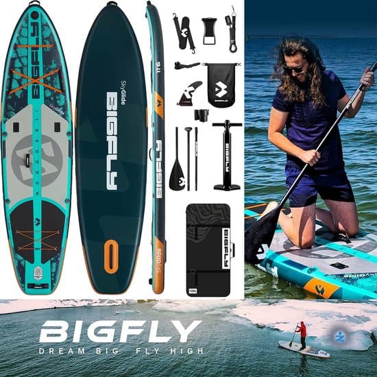 BIGFLY Sky Glide Surfen Blauw — 350cm Stand Up Sup Std Surfing Paddle Board | Extra Breed | Ultra Licht & Stabiel — Visgerei beker houder, Vin, Camera Mount, LuchtPomp, Sterke Verstelbare Peddel, 195 Kg belastbaar, Familie, Volwassenen, Kinderen