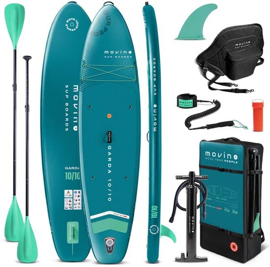 Movino Garda - Sup Board - 10’10” (330cm) - Opblaasbaar - Max. 160 kg - Rugzak - Dubbele pomp - Leash, Vin - 2-in-1 peddel - Kajakstoel - Reparatieset