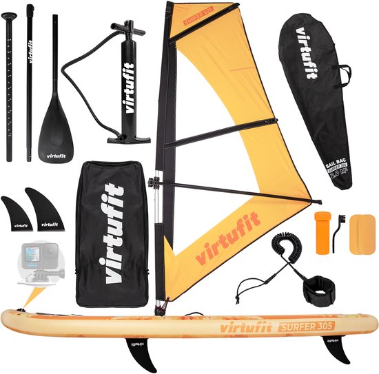 VirtuFit Surfer Opblaasbaar SUP Board 305 cm - Met Windsurf Zeil, Accessoires & Draagtas - Inclusief Mast, Vin en Reparatieset - Stand Up Paddle Board - Oranje