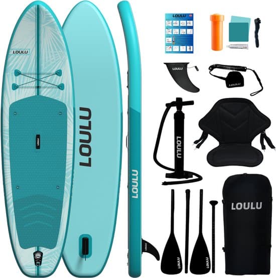 LOULU SUP Board Set - Met Zitje - Allround - Compleet Pakket - Opblaasbaar Paddle Board - 315x84cm - Aqua Blauw - 150kg