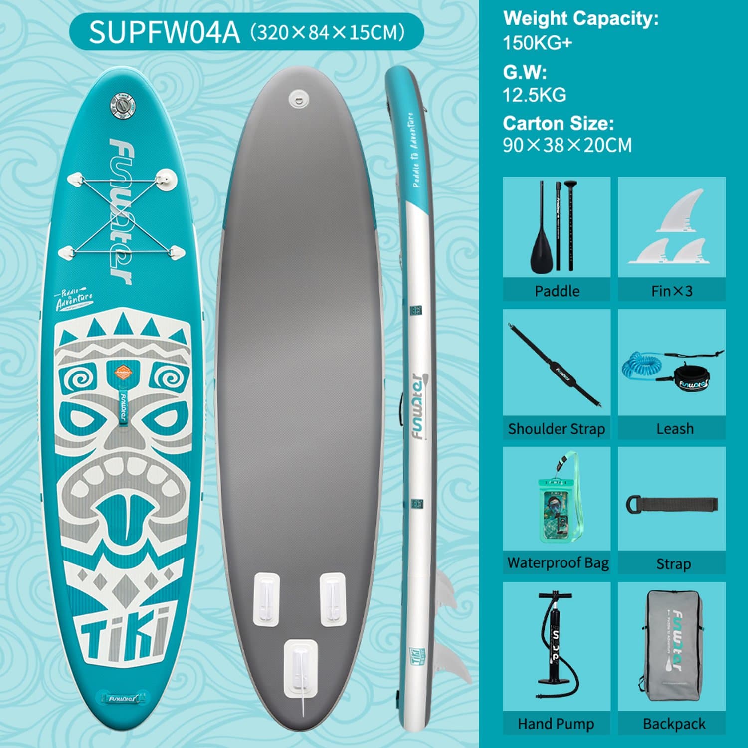 Opblaasbaar SUP Dubbellaags PVC Antislip EVA, 320×84 cm