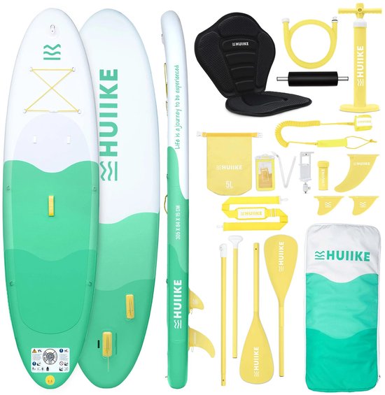 HUIIKE SUP Board - Opblaasbaar Paddle Board met Accessoires, Peddel, Vinnen, Pomp - Stand Up Paddle met Hoge Stabiliteit - 305 x 84 x 15 cm - Max. 130 kg