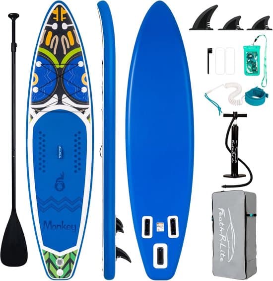 FunWater SUP-toerboard 11' – Inflatable stand up paddle board complete set – 10,5 kg – Incl. peddel, pomp, rugzak & accessoires – Draagvermogen 165 kg – 15 cm dik – Blauw design - SUPFR02D