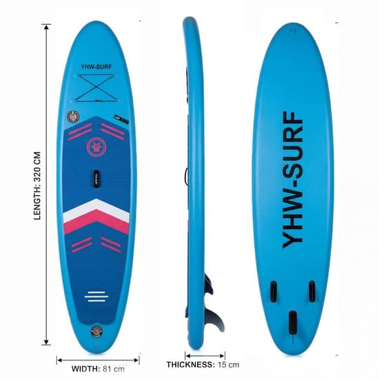 YHW-SURF Opblaasbaar SUP Board 320 cm – Complete Set met Peddel, Pomp en Tas – Anti-Slip – 3 Vinnen – Blauw