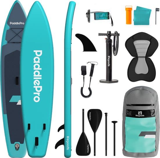 LifeGoods SUP Board Touring - 165 KG Draagkracht - 365 x 76 cm - Opblaasbaar - met Zitje - Compleet Sup pakket - Turquoise