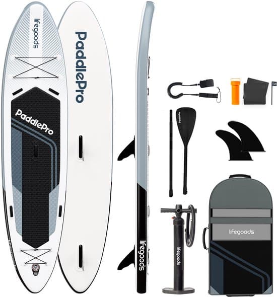 LifeGoods SUP Board Tandem - 2 Personen - 220 KG Draagkracht - 381 x 86 cm - Opblaasbaar - Compleet Sup pakket - Wit/Zwart