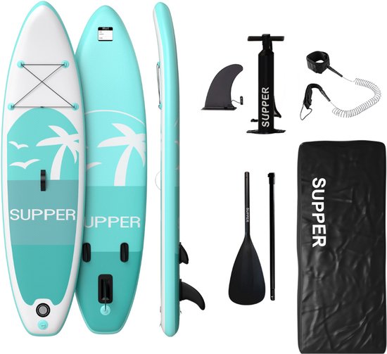 Supper Sup Board - Max. 120KG - Opblaasbaar – Paddle Board – Pomp – Vin – Leash – Draagtas – 285 x 76 cm - Turqoise