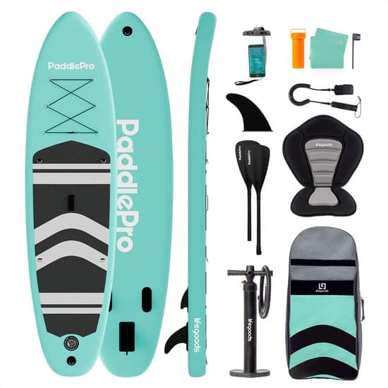 LifeGoods PaddlePro SUP Board - met Zitje - Opblaasbaar Paddle Board - Complete Set - Max. 150KG - 320x81cm - Pastelgroen