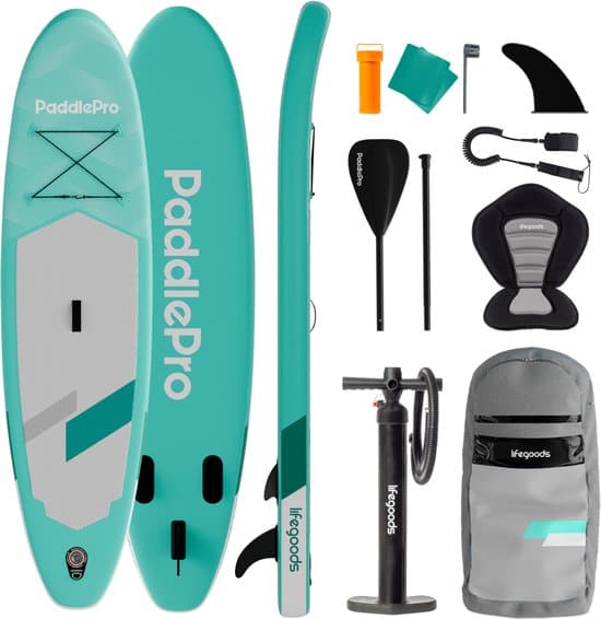 LifeGoods SUP Board Allround Compact - met Zitje - 100 KG Draagkracht - 300 x 76 cm - Opblaasbaar - Compleet SUP pakket - Mintgroen