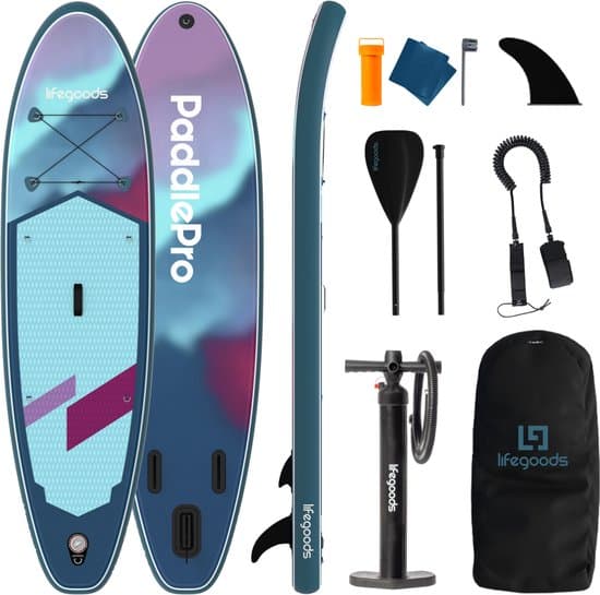 LifeGoods SUP Board Allround Compact - 100 KG Draagkracht - 300 x 76 cm - Opblaasbaar - Compleet SUP pakket - Blauw/Paars